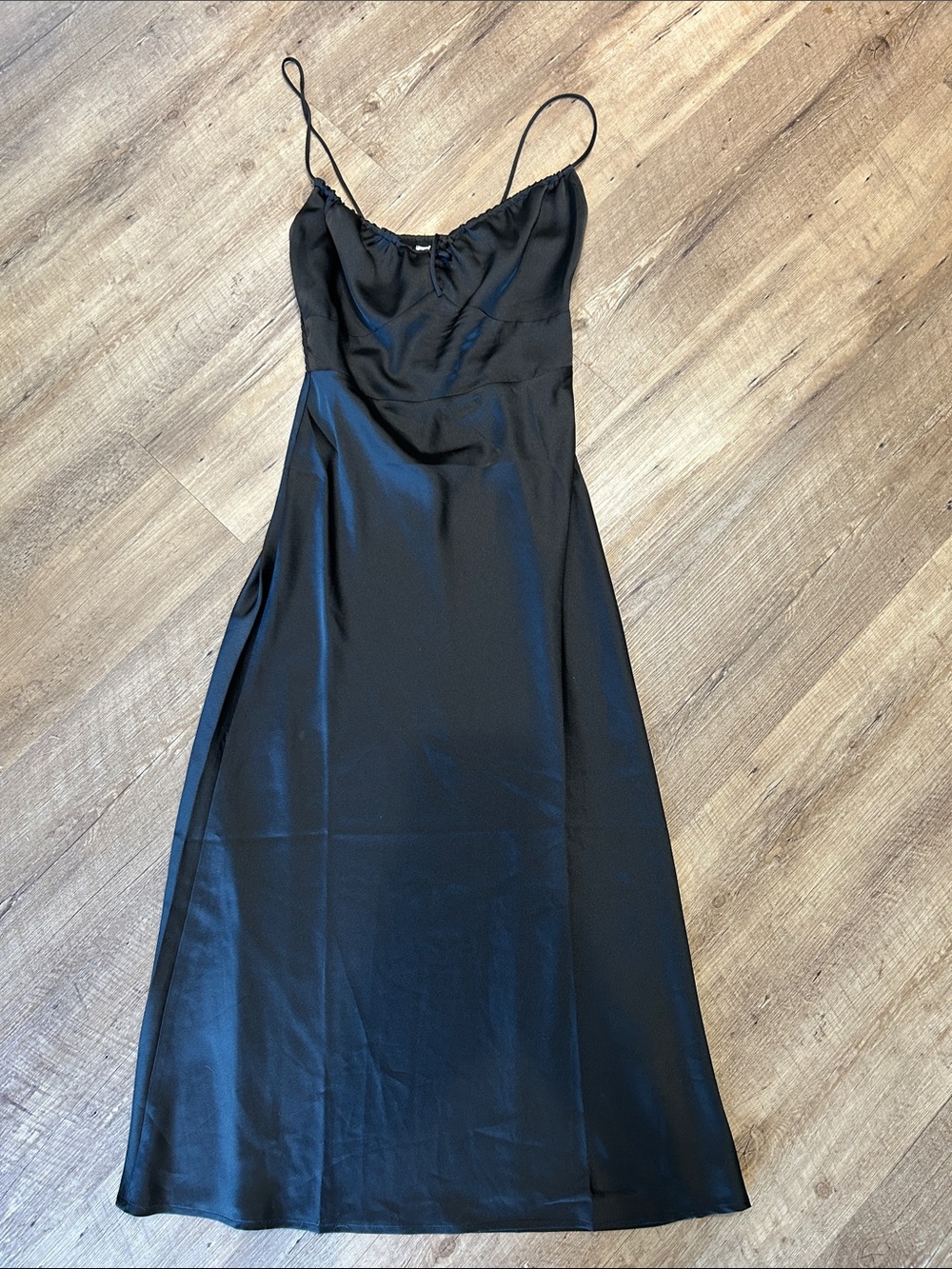 Sleek Black Satin Maxi Slip Dress with Spaghetti Straps